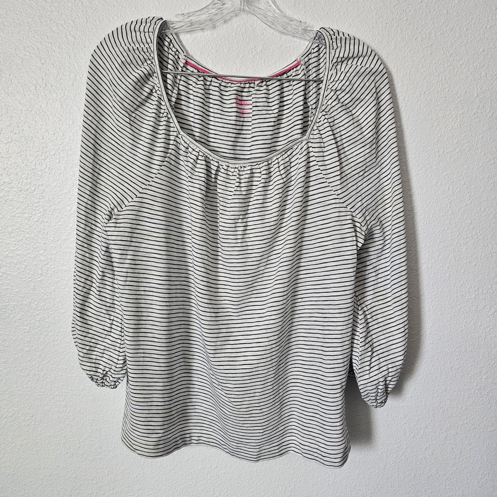 Boden Womens Striped Scoop Neck Slub Knit Blouse Navy White Pink Trim Size M
